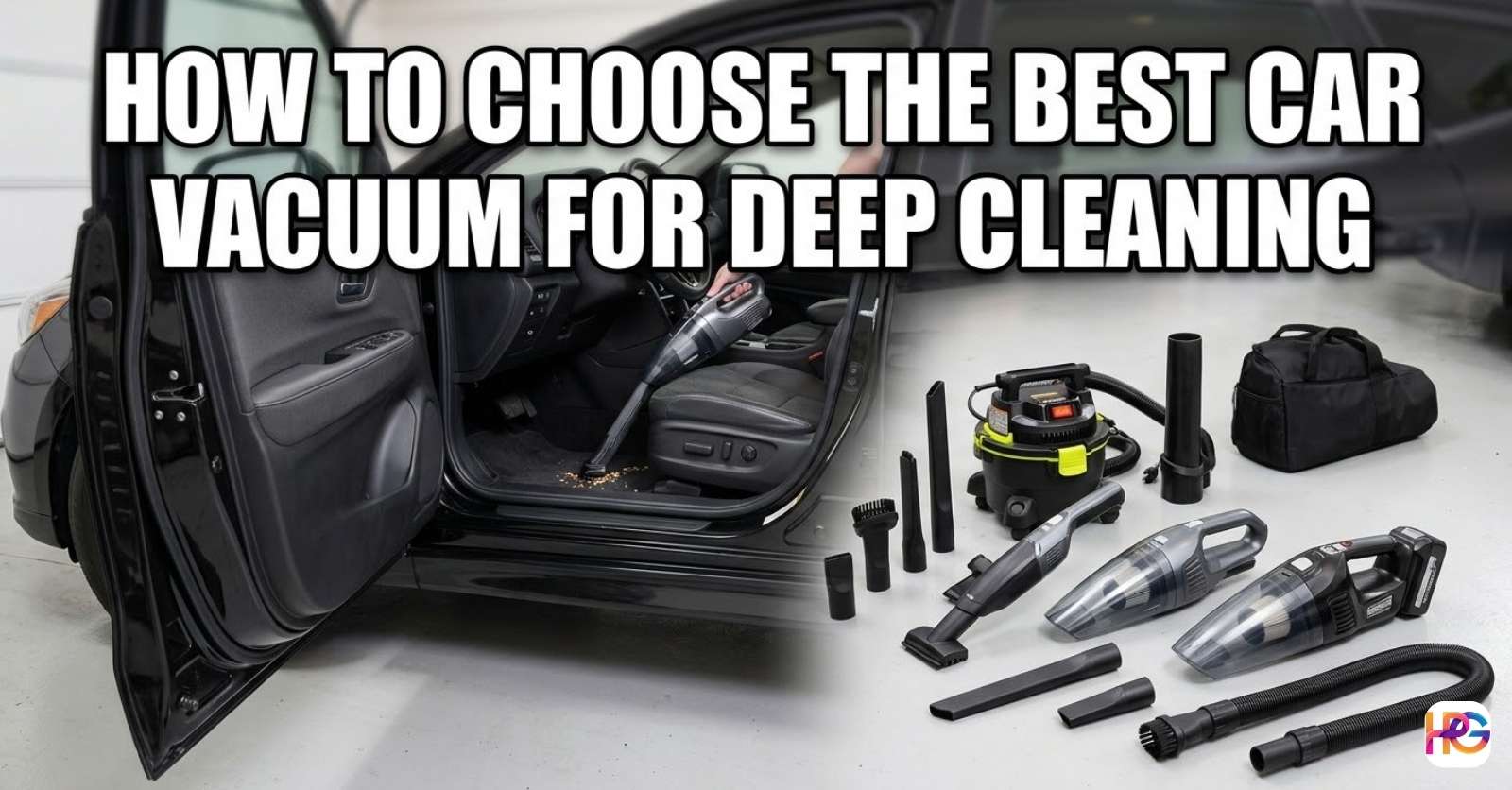 A collection of cordless and corded car vacuums with various attachments like crevice tools and hoses sitting next to an open car door in a garage.