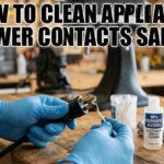 A person wearing blue protective gloves uses a cotton swab and 99% isopropyl alcohol to clean the metal prongs of a black appliance power plug. The text "How to Clean Appliance Power Contacts Safely" is displayed at the top.