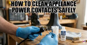 A person wearing blue protective gloves uses a cotton swab and 99% isopropyl alcohol to clean the metal prongs of a black appliance power plug. The text "How to Clean Appliance Power Contacts Safely" is displayed at the top.