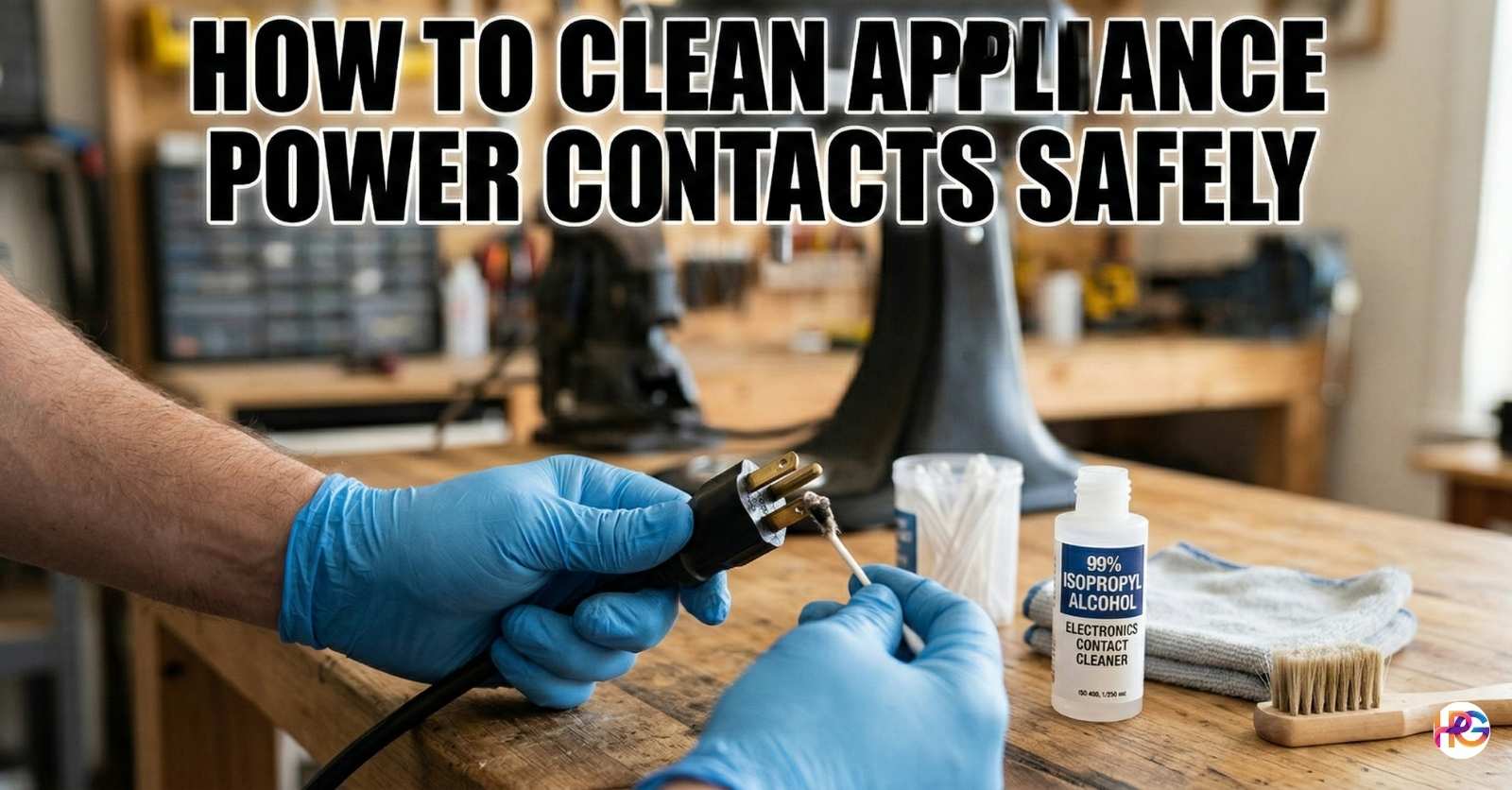 A person wearing blue protective gloves uses a cotton swab and 99% isopropyl alcohol to clean the metal prongs of a black appliance power plug. The text "How to Clean Appliance Power Contacts Safely" is displayed at the top.