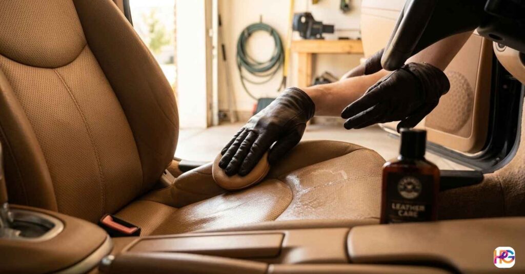 Hands in black gloves applying rich leather conditioner to tan car seats using a round applicator pad in a bright garage.