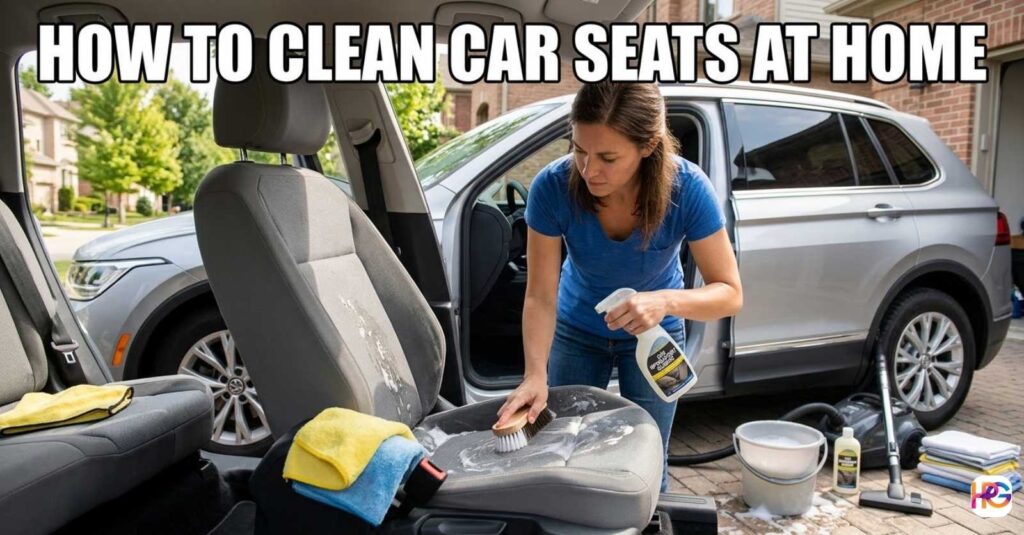 Woman scrubbing a grey cloth car seat with soapy water and a brush, illustrating how to clean car seats at home.