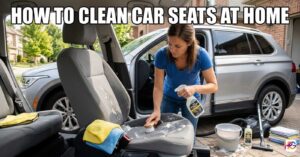 Woman scrubbing a grey cloth car seat with soapy water and a brush, illustrating how to clean car seats at home.