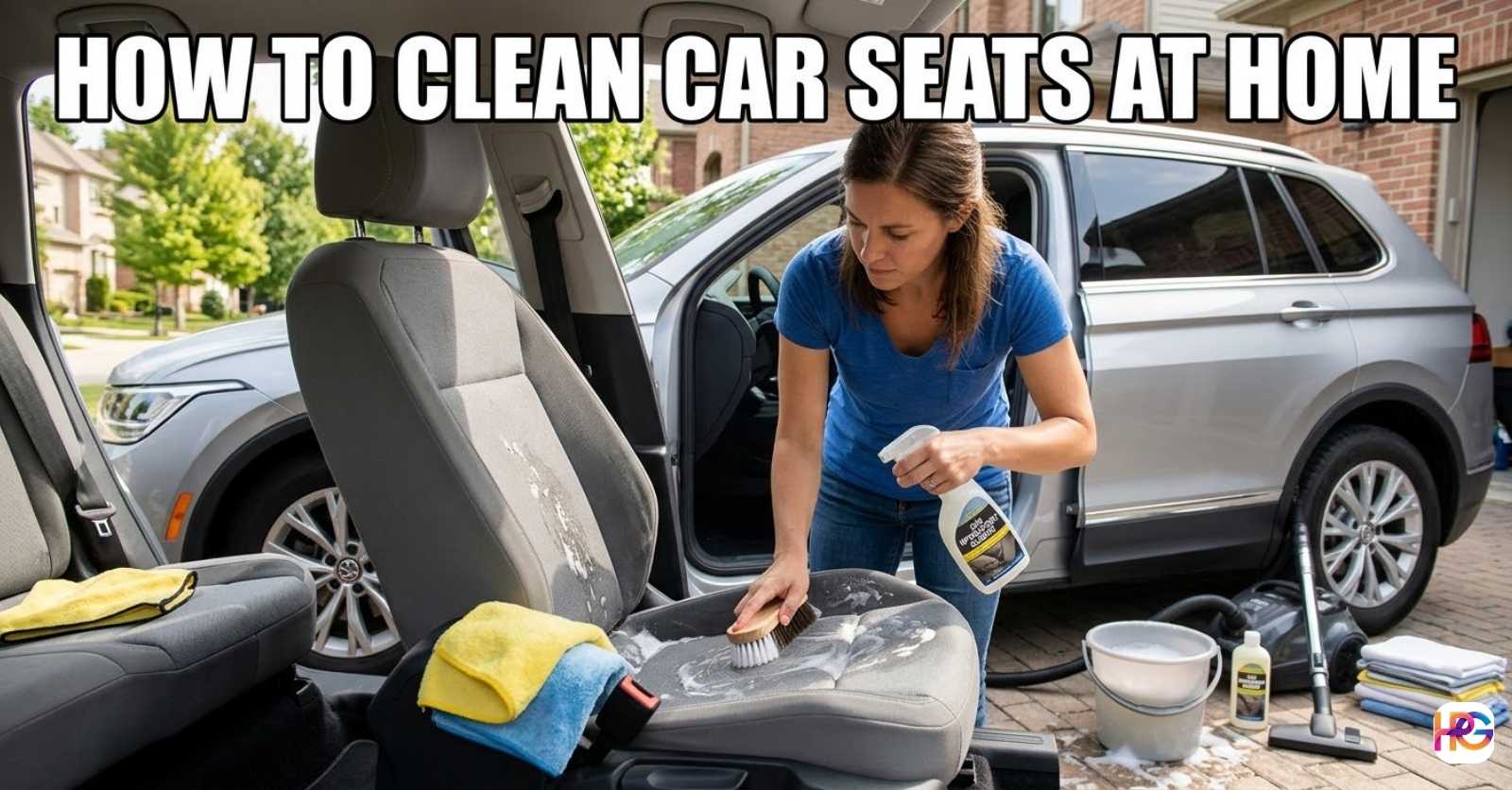 Woman scrubbing a grey cloth car seat with soapy water and a brush, illustrating how to clean car seats at home.