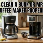 A Mr. Coffee and Bunn coffee maker on a bright kitchen counter with white vinegar and a sponge, showing how to clean a Bunn or Mr. Coffee coffee maker properly.