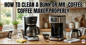 A Mr. Coffee and Bunn coffee maker on a bright kitchen counter with white vinegar and a sponge, showing how to clean a Bunn or Mr. Coffee coffee maker properly.