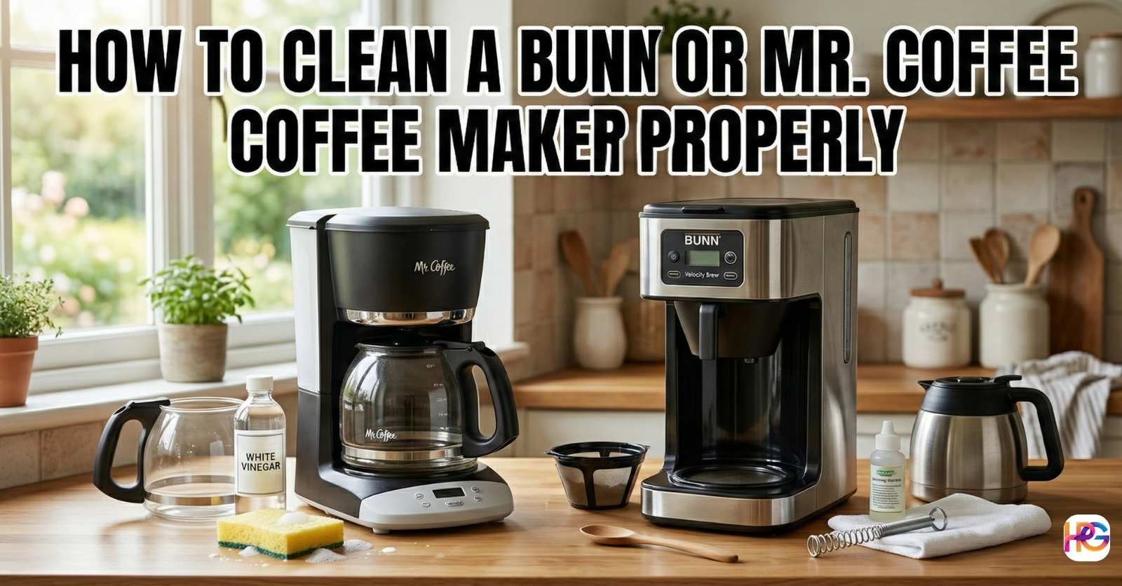 A Mr. Coffee and Bunn coffee maker on a bright kitchen counter with white vinegar and a sponge, showing how to clean a Bunn or Mr. Coffee coffee maker properly.