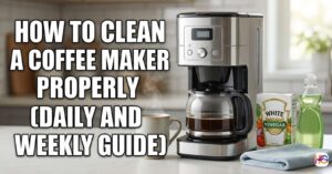 A photograph of a modern stainless steel and black drip coffee maker on a kitchen counter, accompanied by a glass carafe of coffee, a steaming mug, a carton of white vinegar, a bottle of dish soap, and a blue cleaning cloth. Large white text with a black outline overlaid on the left reads: HOW TO CLEAN A COFFEE MAKER PROPERLY (DAILY AND WEEKLY GUIDE).