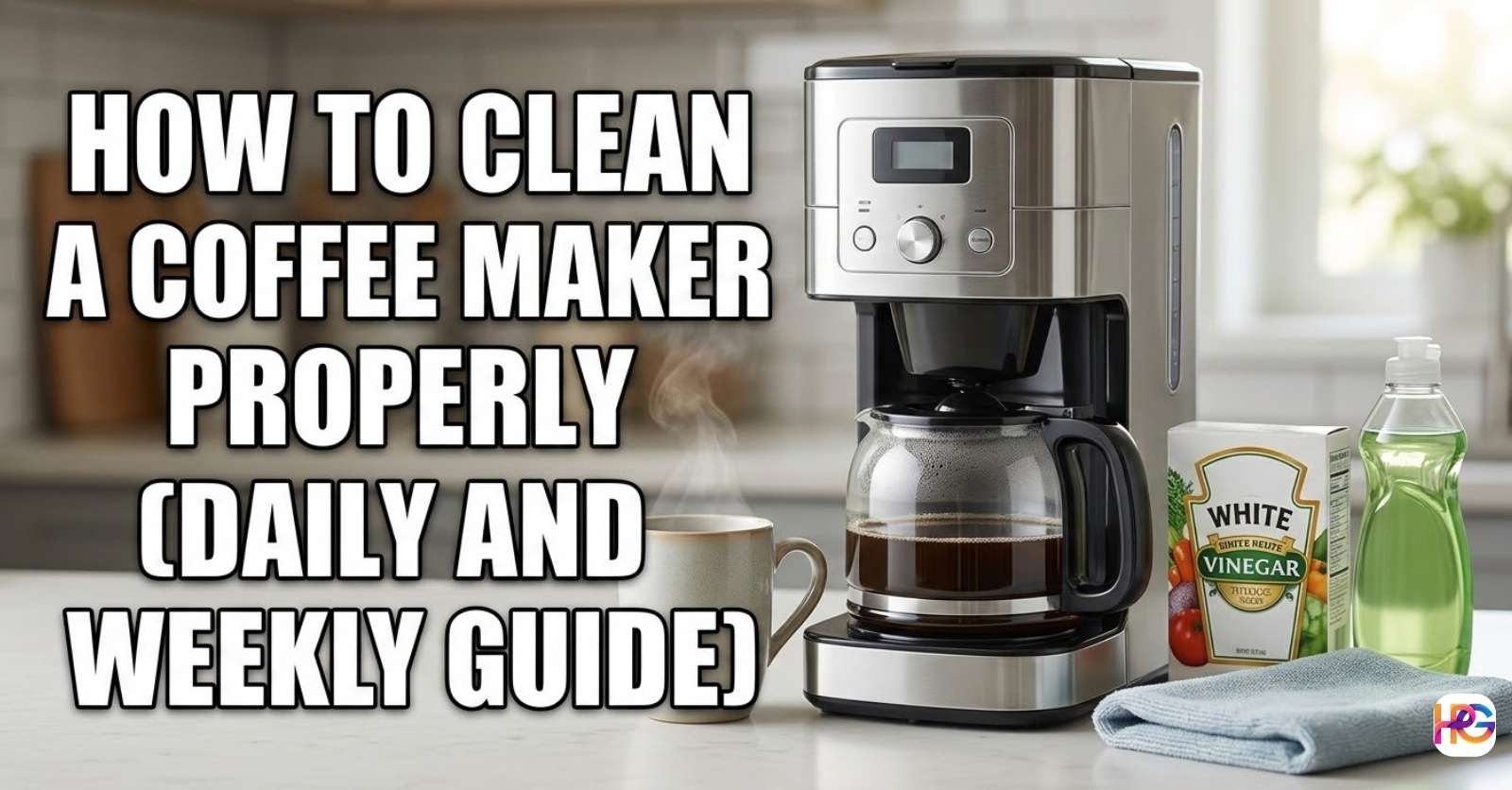 A photograph of a modern stainless steel and black drip coffee maker on a kitchen counter, accompanied by a glass carafe of coffee, a steaming mug, a carton of white vinegar, a bottle of dish soap, and a blue cleaning cloth. Large white text with a black outline overlaid on the left reads: HOW TO CLEAN A COFFEE MAKER PROPERLY (DAILY AND WEEKLY GUIDE).