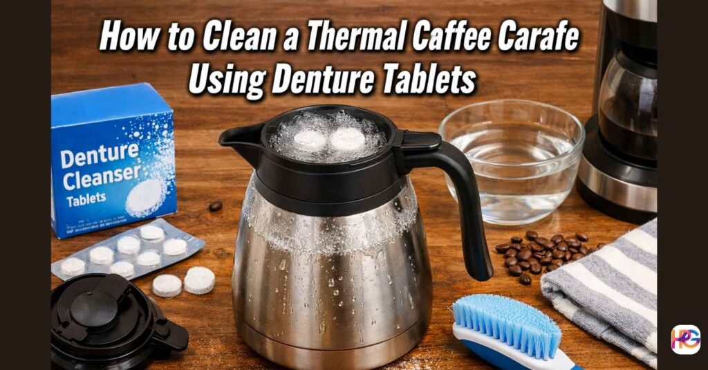 Stainless steel thermal coffee carafe filled with fizzy water and denture tablets on a wooden table with cleaning tools.