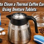 Stainless steel thermal coffee carafe filled with fizzy water and denture tablets on a wooden table with cleaning tools.