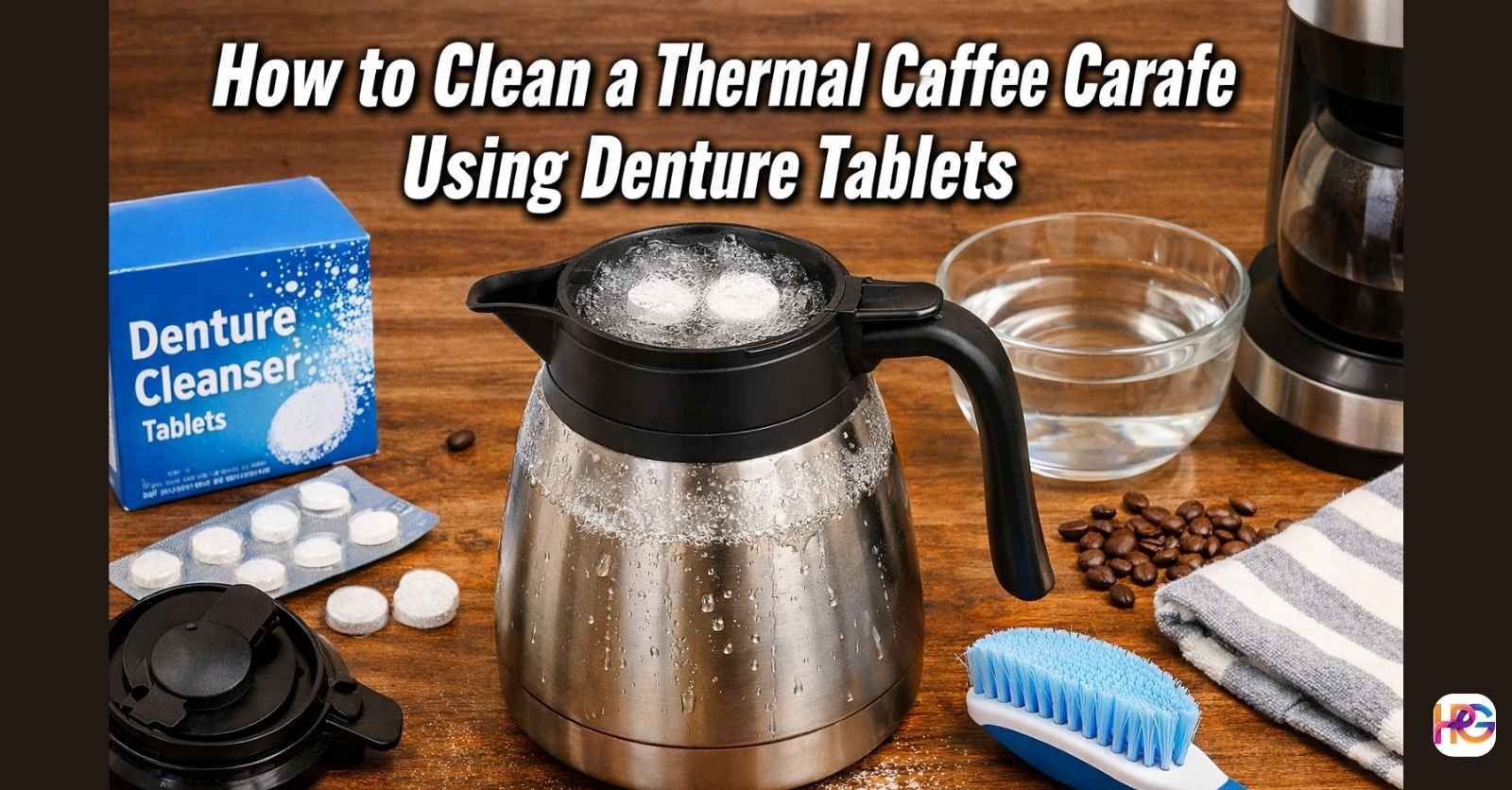 Stainless steel thermal coffee carafe filled with fizzy water and denture tablets on a wooden table with cleaning tools.