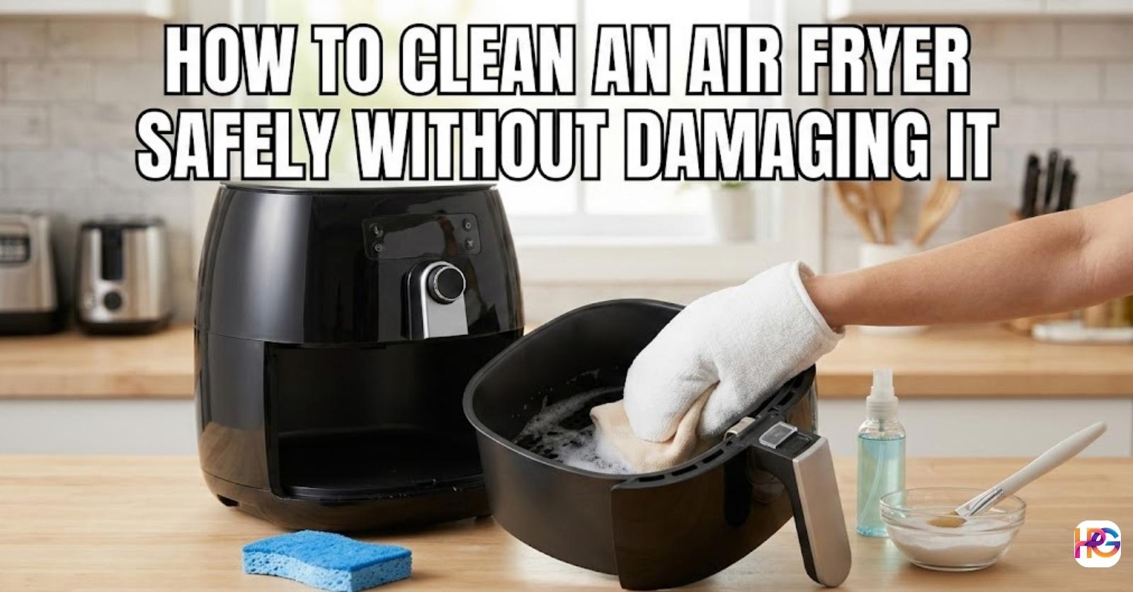Person gently cleaning a black air fryer basket with a soft soapy cloth on a kitchen counter, featuring the text "How to Clean an Air Fryer Safely Without Damaging It."