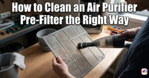 A person using a handheld vacuum with a soft brush attachment to remove thick dust from a rectangular mesh air purifier pre-filter on a wooden workshop table.