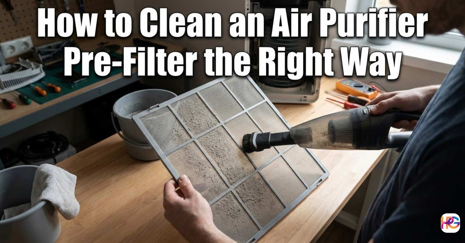 A person using a handheld vacuum with a soft brush attachment to remove thick dust from a rectangular mesh air purifier pre-filter on a wooden workshop table.