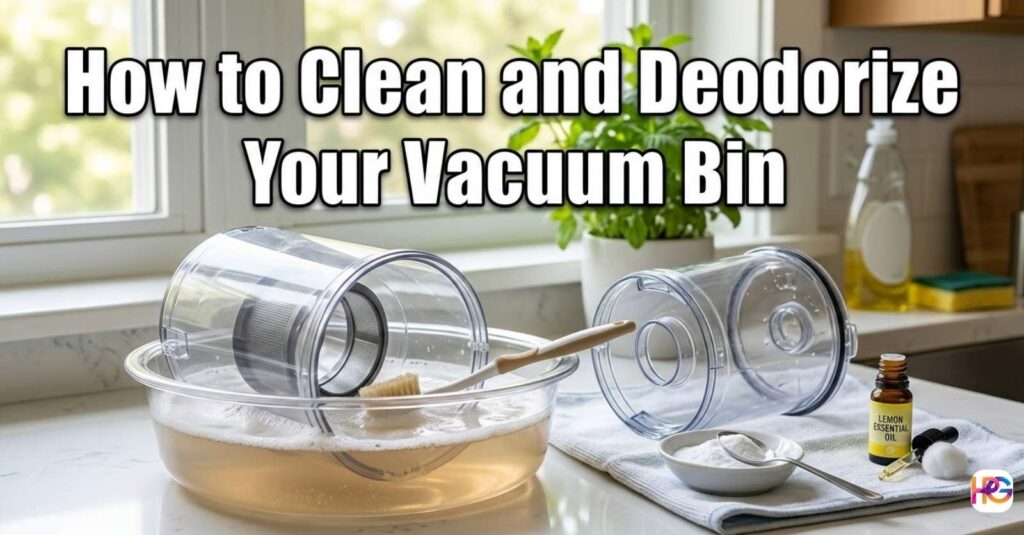 A transparent plastic vacuum bin being washed in a bowl of soapy water next to baking soda and lemon essential oil on a clean kitchen counter.