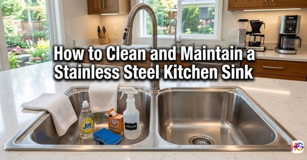 A clean double-basin stainless steel kitchen sink with dish soap, baking soda, white vinegar, and a sponge.
