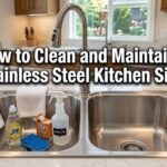 A clean double-basin stainless steel kitchen sink with dish soap, baking soda, white vinegar, and a sponge.