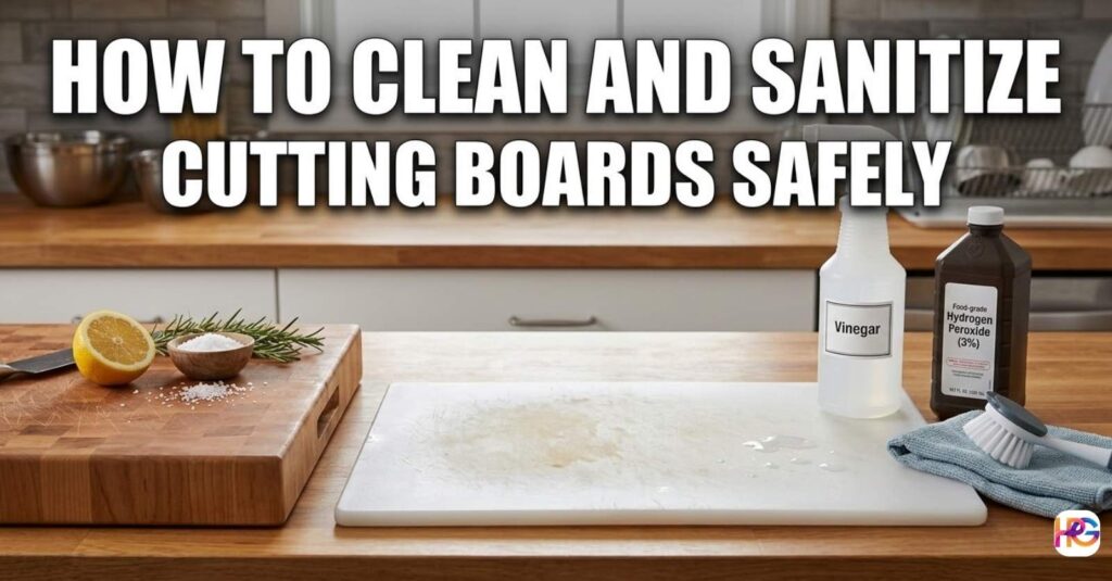 A wooden and a plastic cutting board on a kitchen counter with lemons, salt, white vinegar, and hydrogen peroxide for cleaning.