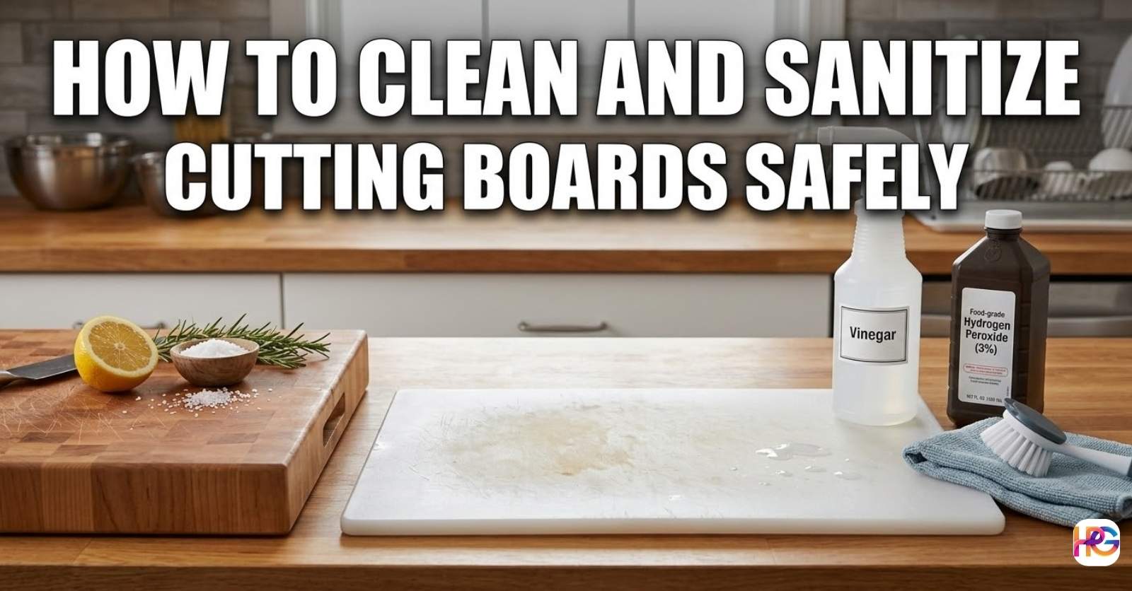 A wooden and a plastic cutting board on a kitchen counter with lemons, salt, white vinegar, and hydrogen peroxide for cleaning.