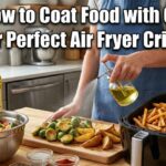 Person using a glass oil sprayer to coat vegetables next to a loaded air fryer basket, featuring the text How to Coat Food with Oil for Perfect Air Fryer Crisp.