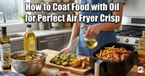 Person using a glass oil sprayer to coat vegetables next to a loaded air fryer basket, featuring the text How to Coat Food with Oil for Perfect Air Fryer Crisp.