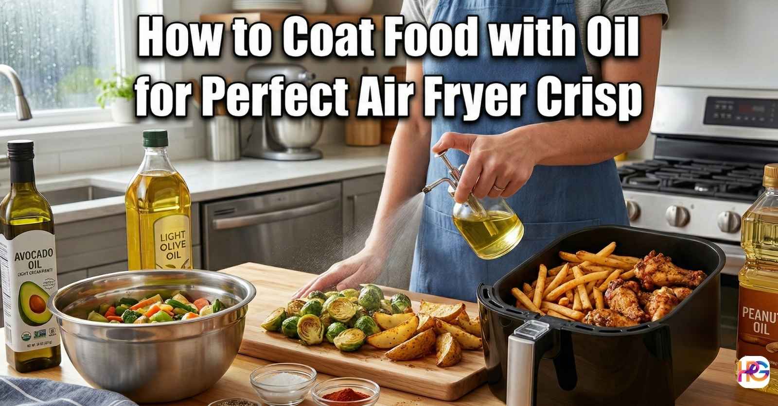 Person using a glass oil sprayer to coat vegetables next to a loaded air fryer basket, featuring the text How to Coat Food with Oil for Perfect Air Fryer Crisp.