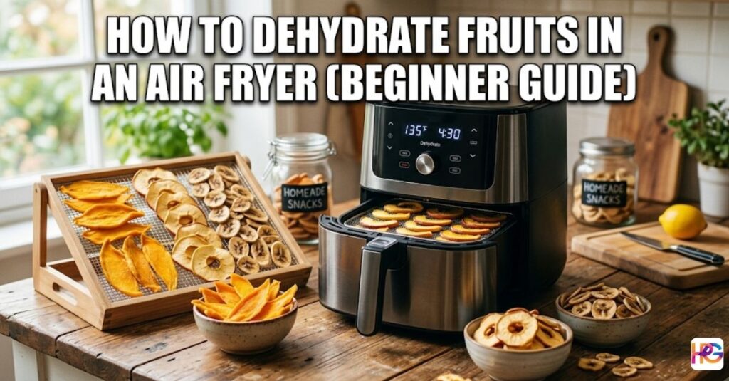 A modern air fryer on a wooden table displaying "How to Dehydrate Fruits in an Air Fryer (Beginner Guide)" with dried mango, apple rings, and banana chips.