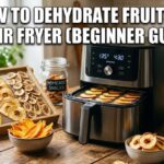 A modern air fryer on a wooden table displaying "How to Dehydrate Fruits in an Air Fryer (Beginner Guide)" with dried mango, apple rings, and banana chips.