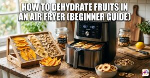 A modern air fryer on a wooden table displaying "How to Dehydrate Fruits in an Air Fryer (Beginner Guide)" with dried mango, apple rings, and banana chips.