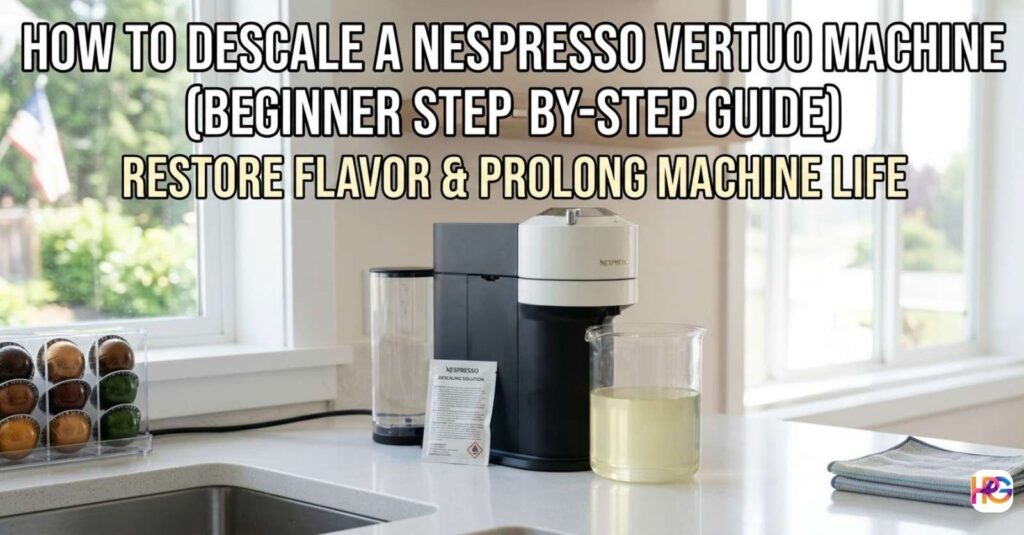 A Nespresso Vertuo machine on a kitchen counter with a packet of descaling solution and a glass container of liquid for a beginner step-by-step guide.