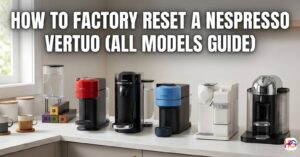 A row of different Nespresso Vertuo coffee machines on a white kitchen counter with the text How to Factory Reset a Nespresso Vertuo (All Models Guide).