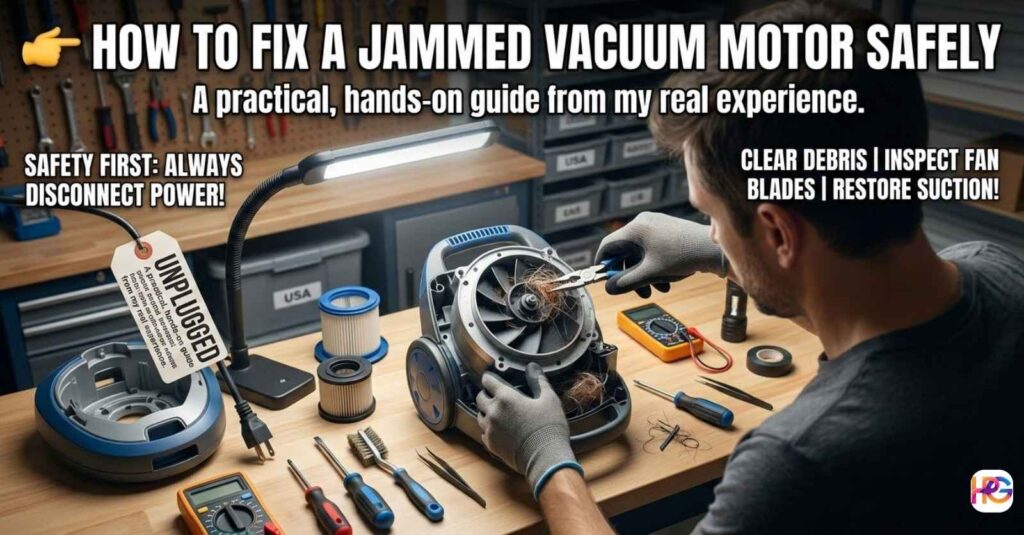 A person in a home workshop using pliers to remove hair and debris from a jammed vacuum motor fan. The image features a large title in Impact font that reads: "How to Fix a Jammed Vacuum Motor Safely."