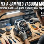 A person in a home workshop using pliers to remove hair and debris from a jammed vacuum motor fan. The image features a large title in Impact font that reads: "How to Fix a Jammed Vacuum Motor Safely."