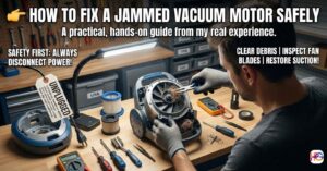 A person in a home workshop using pliers to remove hair and debris from a jammed vacuum motor fan. The image features a large title in Impact font that reads: "How to Fix a Jammed Vacuum Motor Safely."