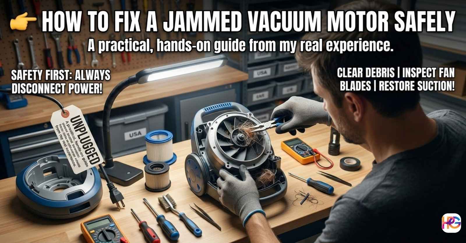 A person in a home workshop using pliers to remove hair and debris from a jammed vacuum motor fan. The image features a large title in Impact font that reads: "How to Fix a Jammed Vacuum Motor Safely."