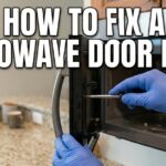 A person wearing blue gloves is using a small screwdriver to adjust the latch mechanism of an open microwave door. The setting is a clean kitchen counter. Large white text at the top reads, "HOW TO FIX A MICROWAVE DOOR LATCH".