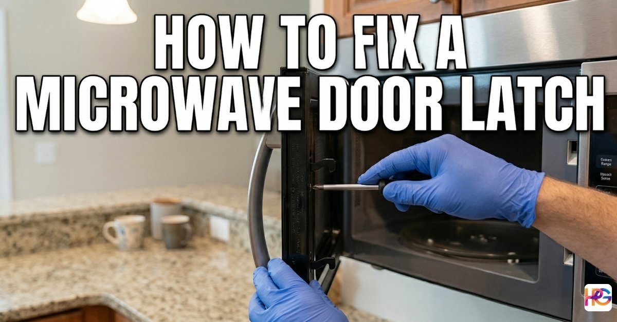 A person wearing blue gloves is using a small screwdriver to adjust the latch mechanism of an open microwave door. The setting is a clean kitchen counter. Large white text at the top reads, "HOW TO FIX A MICROWAVE DOOR LATCH".