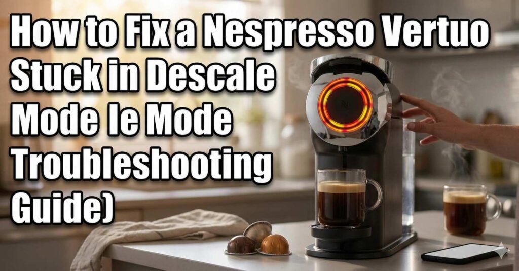 A Nespresso Vertuo coffee maker with a red flashing light on a kitchen counter, with text about how to fix a Nespresso Vertuo stuck in descale mode.