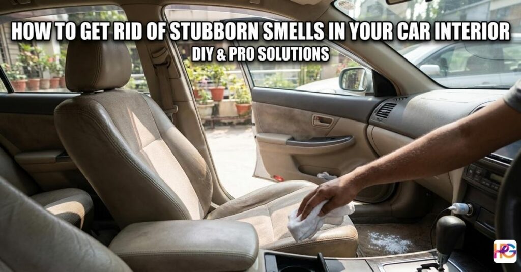 A person cleaning tan car fabric seats with a white cloth and baking soda to show how to get rid of stubborn smells in your car interior.