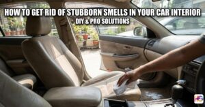 A person cleaning tan car fabric seats with a white cloth and baking soda to show how to get rid of stubborn smells in your car interior.