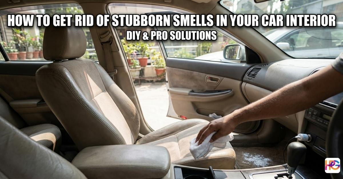 A person cleaning tan car fabric seats with a white cloth and baking soda to show how to get rid of stubborn smells in your car interior.