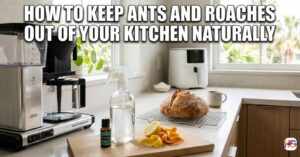 A clean, sunlit kitchen counter featuring a Moccamaster coffee machine, a glass spray bottle of vinegar, peppermint oil, and citrus peels next to a fresh sourdough loaf. Bold white text at the top reads: HOW TO KEEP ANTS AND ROACHES OUT OF YOUR KITCHEN NATURALLY.