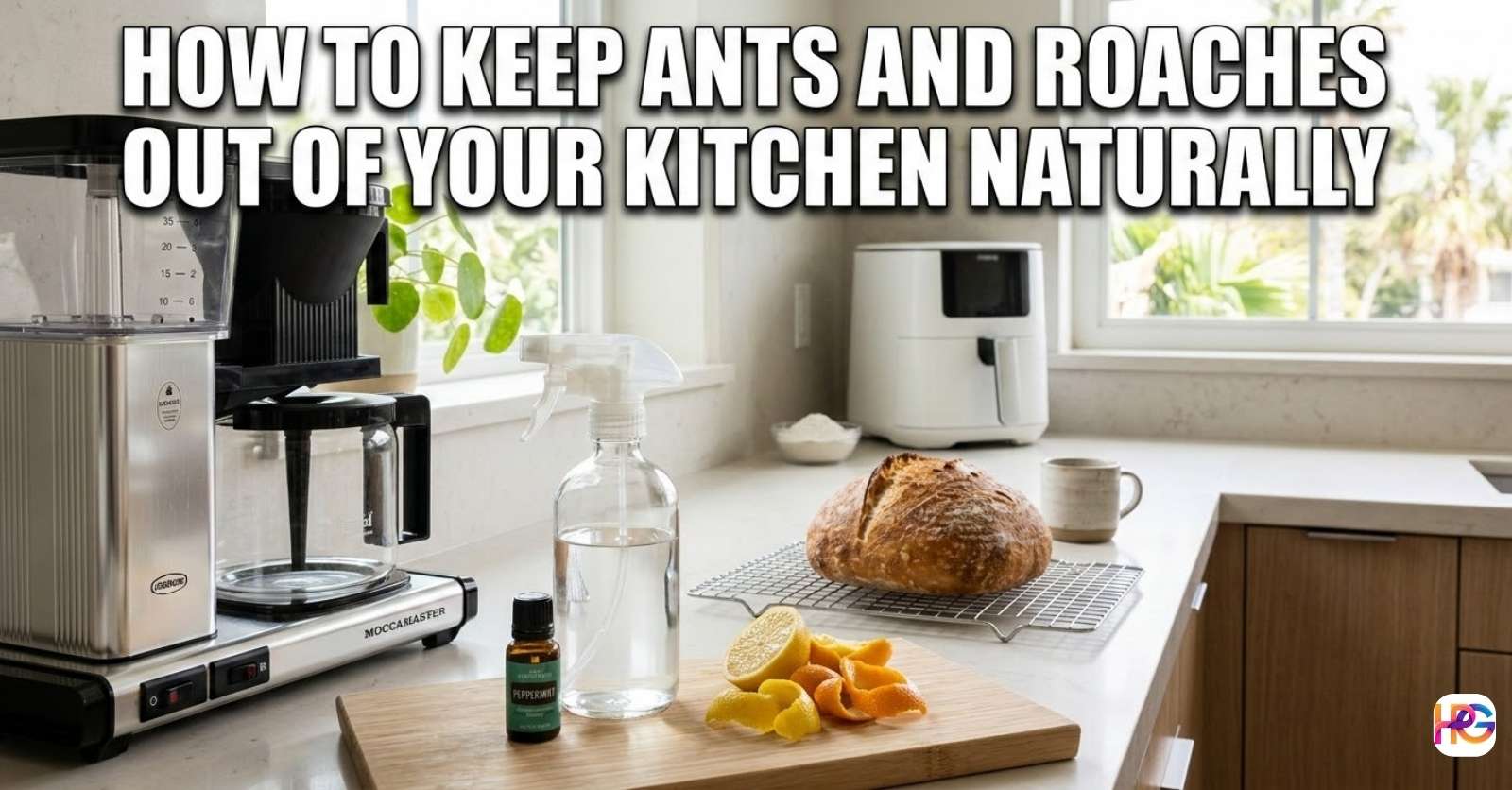 A clean, sunlit kitchen counter featuring a Moccamaster coffee machine, a glass spray bottle of vinegar, peppermint oil, and citrus peels next to a fresh sourdough loaf. Bold white text at the top reads: HOW TO KEEP ANTS AND ROACHES OUT OF YOUR KITCHEN NATURALLY.