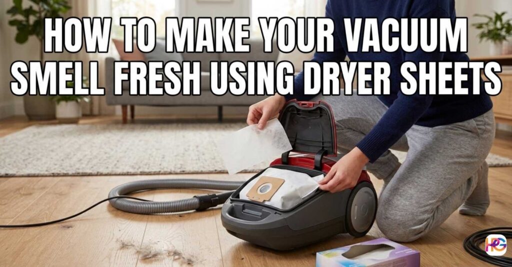 A person placing a white laundry dryer sheet into a red canister vacuum bag on a wooden floor to make the vacuum smell fresh.