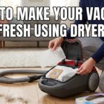 A person placing a white laundry dryer sheet into a red canister vacuum bag on a wooden floor to make the vacuum smell fresh.