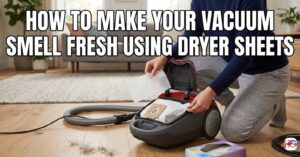 A person placing a white laundry dryer sheet into a red canister vacuum bag on a wooden floor to make the vacuum smell fresh.