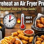 Air fryer preheating on a kitchen counter with text showing How to Preheat an Air Fryer Properly beginner step-by-step guide.