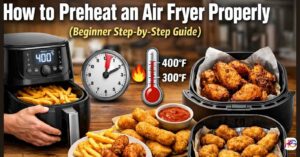 Air fryer preheating on a kitchen counter with text showing How to Preheat an Air Fryer Properly beginner step-by-step guide.