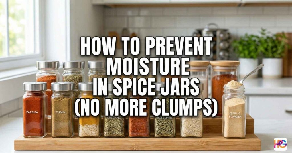 A brightly lit kitchen counter featuring a wooden spice rack with glass jars of paprika, cumin, and garlic powder, overlaid with bold text that reads How to Prevent Moisture in Spice Jars (No More Clumps).